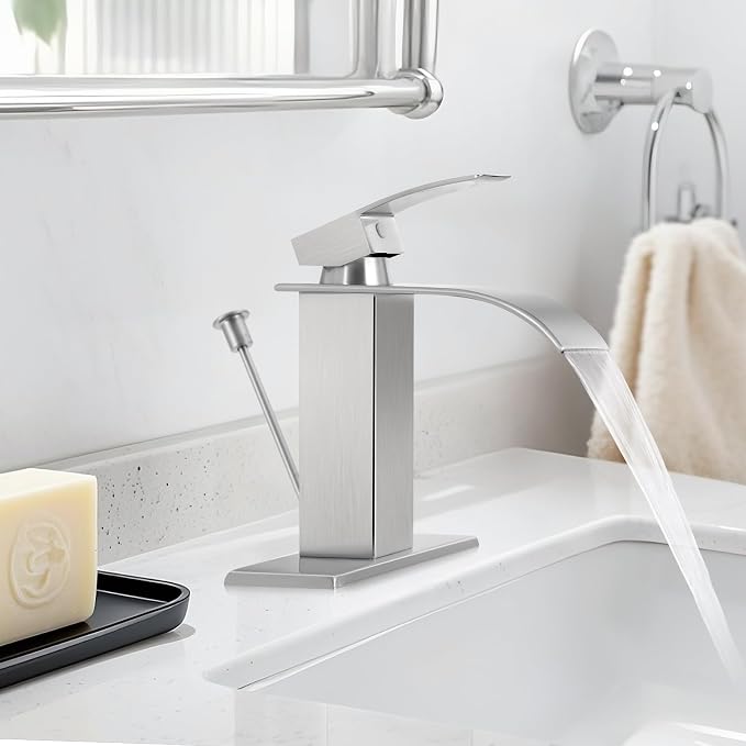 Brushed Nickel Bathroom Faucet with Lift Rod Drain, Waterfall Bathroom Sink Faucet Modern Single Handle Bathroom Faucte 1 or 3 Hole, RV Mixer Tap Vanity Faucet Washbasin Faucet with Deck