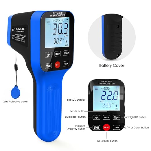 Pyrometer AI-1600APP, -58℉~2912℉ High Temp Thermometer Gun D:S=30:1 Dual Laser Industrial ir Thermometer Gun w/Touch Buttons, Rechargeable Can be Connected to Phone APP (NOT for Human Temp)