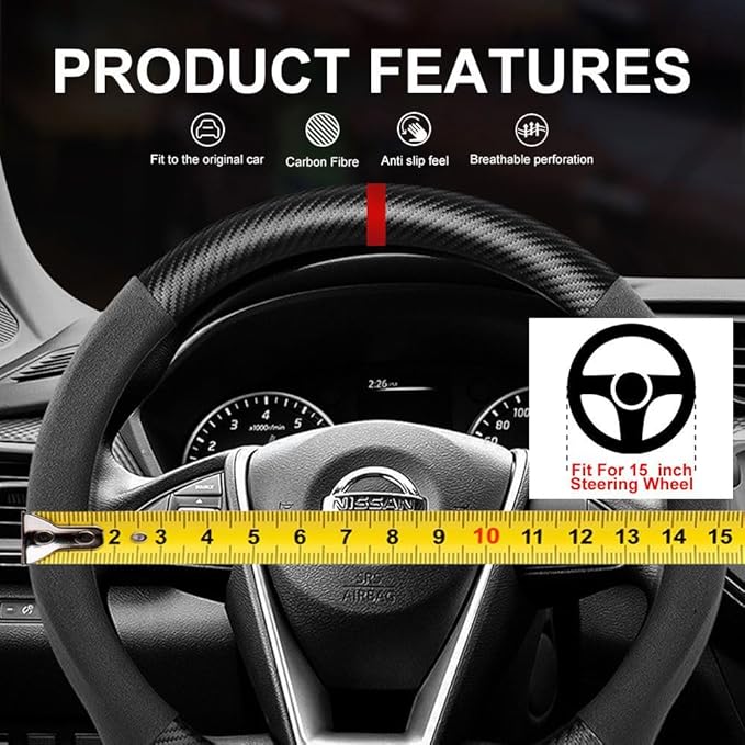 Suede Carbon Fiber Steering Wheel Cover, Compatible with Buick Cascada Enclave Encore Envision Lacrosse Regal Verano GL8 15 inch Soft SuedeLeather Sport Non-Slip Interior Accessories