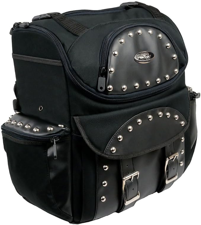 Milwaukee Leather SH602S Medium Black Textile Two Piece Studded Touring Sissy Bar Motorcycle Bag - Medium