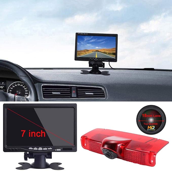 Super HD Car Third Roof Top Mount Brake Lamp Camera Brake Light Rear View Backup Camera+7" LCD Car Dashboard Color Monitor for Chevrolet Express GMC Savana Vans Exporer Vans Cargo