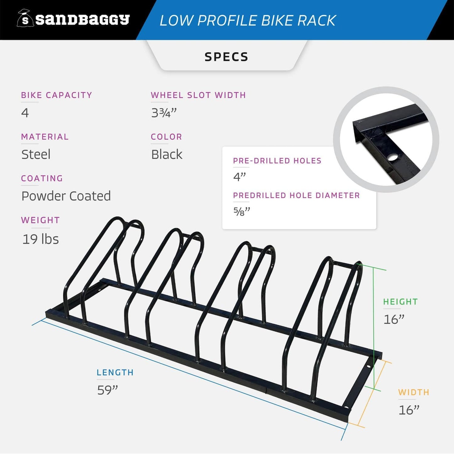 Sandbaggy Commercial Low Profile Bike Rack - Outdoor, Surface Mount, Steel - 4 Bike (4 Capacity (Low-Profile), 2)