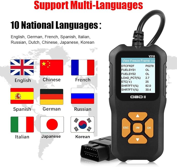 Outzone V318 OBD2 Scanner, Basic Car Code Reader with 1.8" Color Screen, Engine Fault Code Scanner for All Gasoline OBDII Vehicles, Read & Clear Check Engine Light, 10 Languages Supported