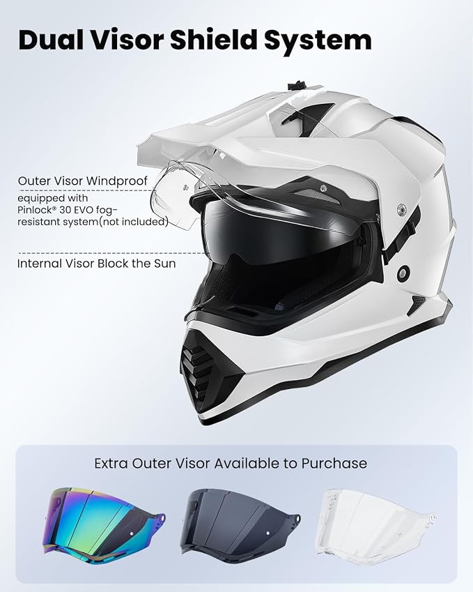 ILM Dual Sport Adventure Motorcycle Helmet with Pinlock Compatible Sun Visor Snowmobile ATV Dirt Bike Off Road Casco Model WS902 (White, 2XL)