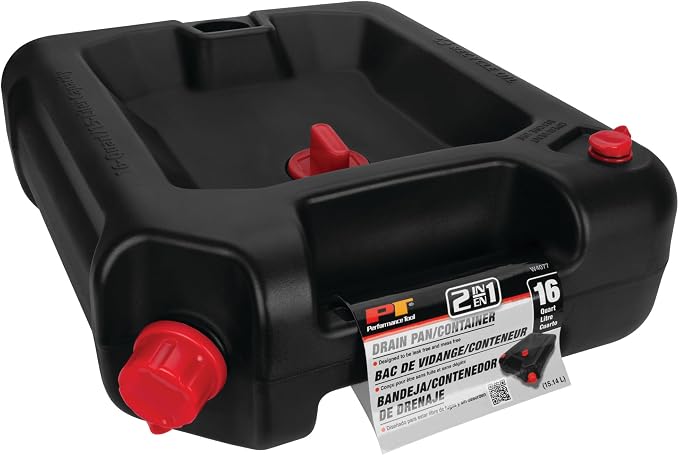 Performance Tool W4077 16-Quart Oil Drain Container, Deep Drain Well, Integrated Handle, Sealing Rubber Gaskets, Black