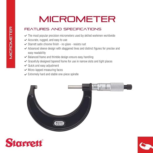 Starrett Outside Micrometer with One-Piece Spindle, Satin Chrome Finish and Tapered Frame - Quick and Easy Adjustment, 2-3" Range, .0001" Graduation - T436.1XRL-3