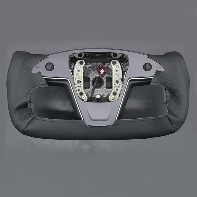 MEWANT Hand Stitch Black Solid Woven Embossed Faux Leather Steering Wheel Cover for Tesla Yoke Model S 2021-2023 Model X
