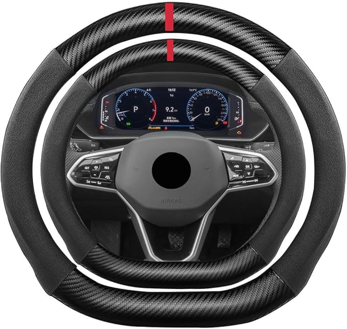 D Shape Suede Carbon Fiber Steering Wheel Cover, Compatible with Volkswagen VW Golf Jetta Atlas ID.4 Arteon GTI Beetle Polo Flat Bottom Suede Leather Sport Non-Slip Interior Accessories