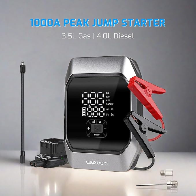 Car Jump Starter with Air Compressor 1000A Peak Auto Battery Booster Pack | 12V Jump Box Portable Smart Battery Charger Tire Inflator 160PSI for Car (3.5L Gas / 4.0L Diesel)
