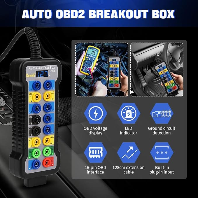 OBD2 Breakout Box Auto OBDII Protocol Detector 16-Pin CAN Bus Test Breakout Box with LCD Display for OBDII Protocol Communication Detection/ECU Tool