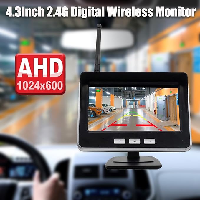 4.3-inch AHD IPS Monitor Mini Vehicle 720P Digital Wireless Backup Camera System IP69K Waterproof Wireless Reversing Camera Dash Camera for Truck Bus RV Trailer Car Truck Semi-Trailer