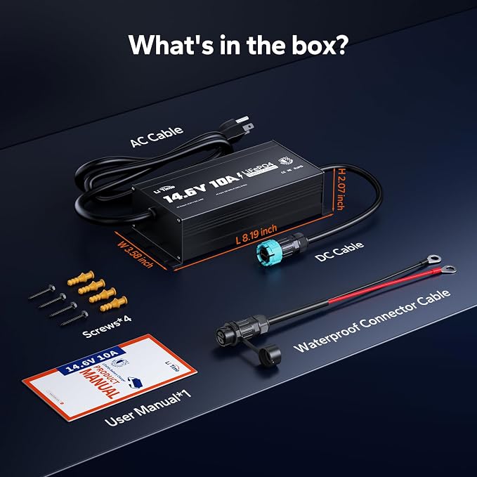 LiTime IP65 Waterproof 14.6V 10A LiFePO4 Onboard Charger, Fast Charging, 4 Safety Protections, Better Charging Performance, Extend Lithium Batteries Life, with LED Indicator, Outdoor & Marine Use