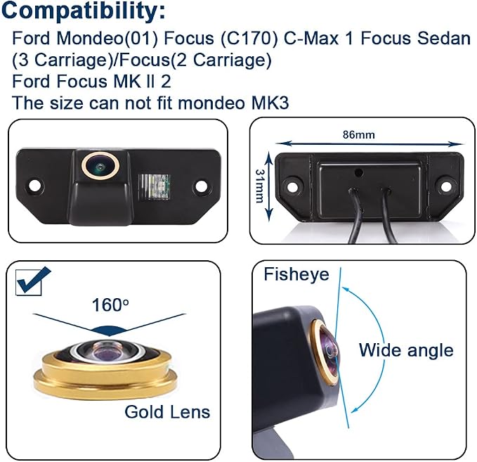 Caros Fisheye 1280x720 Pixels car Backup Camera Reverse Parking Rear View Vehicle Camera Replacement for Ford Mondeo Focus(2 Carriage) C-Max Sedan(3 Carriage) MK Waterproof Night Vision Wide Angle