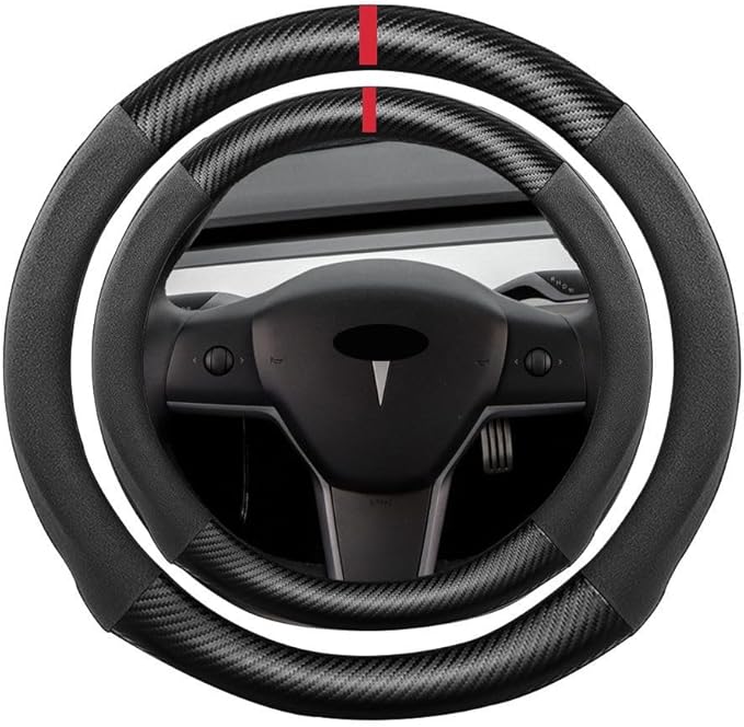 Suede Carbon Fiber Steering Wheel Cover, Compatible with Tesla Model Y 14.25 inch Soft Suede Touch Leather Sport Non-Slip Automotive Interior Accessories