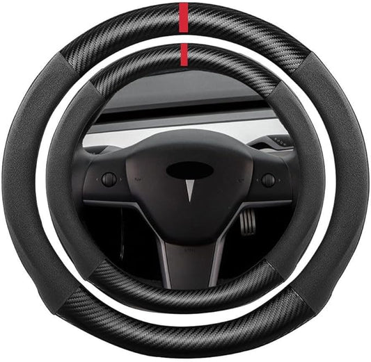 Suede Carbon Fiber Steering Wheel Cover, Compatible with Tesla Model Y 14.25 inch Soft Suede Touch Leather Sport Non-Slip Automotive Interior Accessories