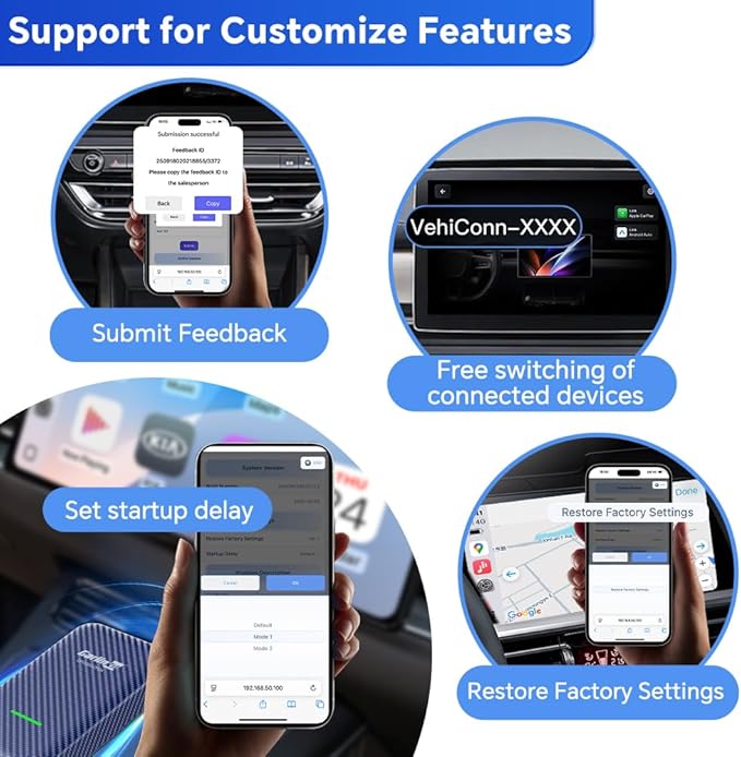 Carlinkit Wireless CarPlay Adapter for iPhone, 4.0 Adapter Convert Wired to Wireless, Support Android Auto, Voice, Music, GPS, Keys, etc. CPC200-CP2A, Blue