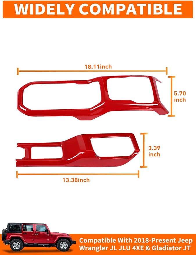 Savadicar Red Interior Accessories - Gear Shift Panel Trim Set for 2018-Present Jeep Wrangler JL JLU 4XE & Gladiator JT - Solid Color Interior Decor Upgrade Option, 2-Piece