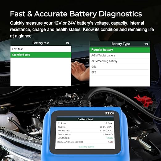 Veepeak 12V 24V Car Battery Tester, 100-2000 CCA Auto Load Analyzer | Cranking & Alternator Test, Fast Diagnostics for 12V 24V Lead-Acid Batteries, Suitable for Cars Trucks Boats Motorcycles
