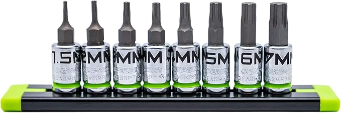 GRIPEDGE HEX Bit Socket Set | 8-PC - 1/4'' Drive Short Metric RPT Hex Driver Set | Sizes 1.5MM - 7MM | Made With S2 Steel | Includes Premium Aluminum Storage Rail |