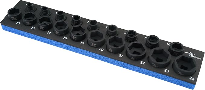 AIRBOSS SK-0015-S 3/8 Inch Drive Nano Stubby Impact Socket Set, 19-Piece Metric 6-24mm, 17mm Outside Hex, 0.88 Inch Low Profile, CR-MO Steel with Black Phosphate Finish