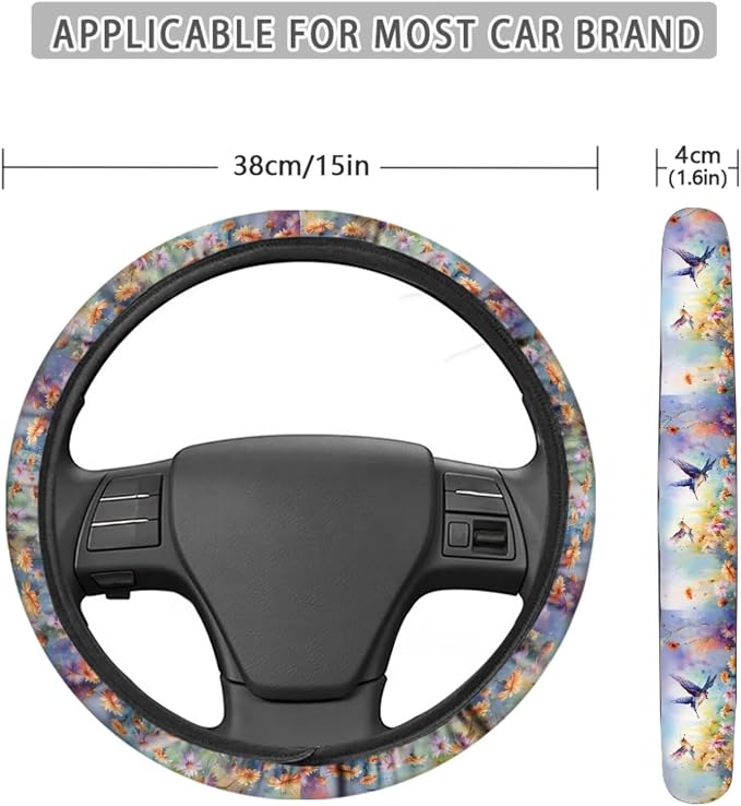 Hummingbird Daisy Pattern 13 Pieces Car Accessories, Car Front and Rear Seat Covers Full Set with Safe Belt Pads, Non Slip Steering Wheel Cover Washable Coasters with Notch