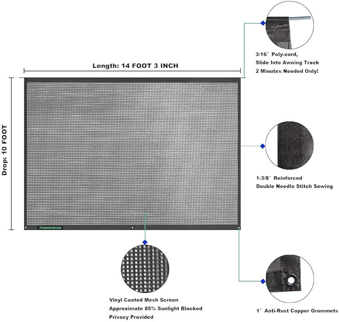 Leaveshade RV Awning Sunshade Screen 10' X 14' 3'' (Fit for 15' Awning) Mesh Sun Shade Screen Motorhome Camping Trailer Shadescreen Sunscreen UV Sunblocker - 3 Year Warranty (Black)