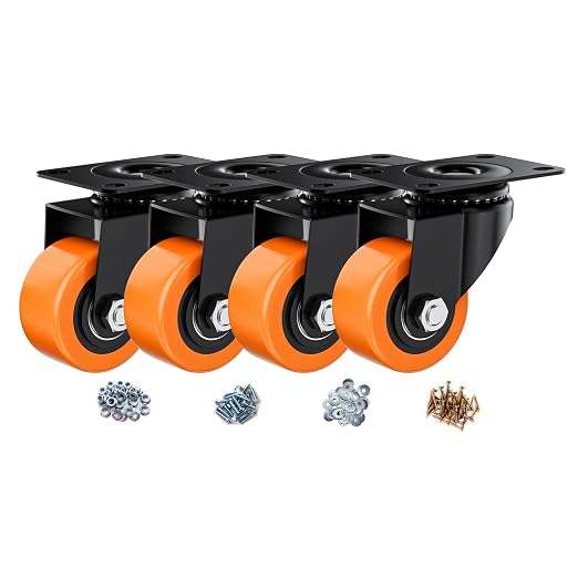2.5" Swivel Plate Casters Set of 4 Heavy Duty 800 lbs | Orange PU, Non-Marking, Quiet. 800 Lbs/4 Casters. No Brake - Continuous Rolling. Black Rustproof Bracket. Workshop, Garage