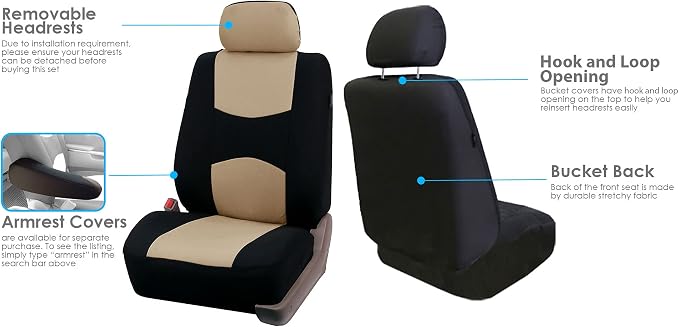 FH Group Car Seat Covers Flat Cloth Front Seats Only Beige Automotive Seat Cover, Airbag Compatible Universal Fit Interior Accessories Cars Trucks SUV Combo Steering Wheel Cover & Seat Belt Pads