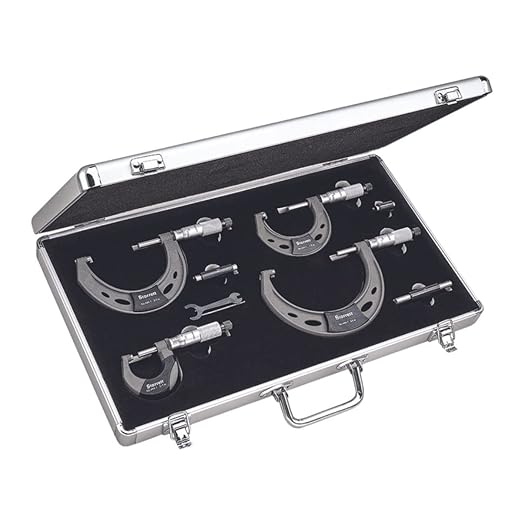Starrett Outside Micrometer Set with Ratchet Stop, Ring-Type Knurled Lock Nut and Satin Chrome Finish - Quick and Easy Adjustment, 0-4" Set Range, .0001" Graduations - ST444.1BXRLZ