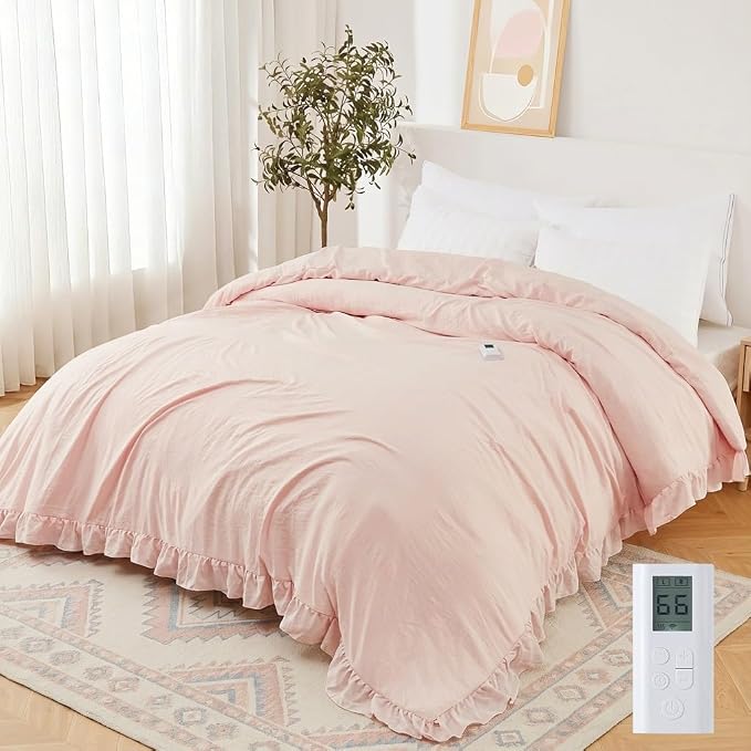 Heated Comforter Blanket with Ruffle, Wireless LCD Controller Electric Quilt - Fast Heating, Overheat Protection, ETL Certified, Machine Washable