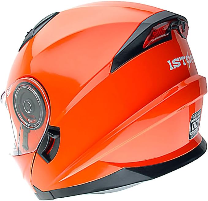 1Storm New Motorcycle Bike Modular Full Face Helmet Dual Visor Sun Shield with Rechargeable LED Tail Light: Glossy Orange