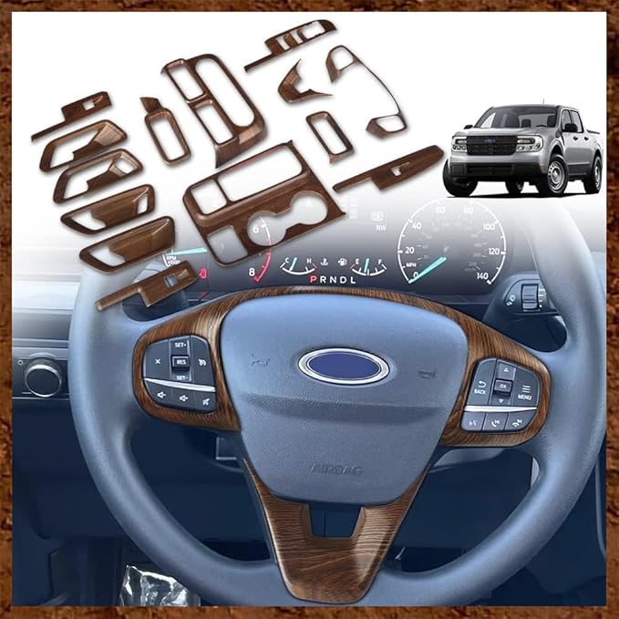 Muslogy for Maverick Set 14 Pcs Interior Decoration Trim Kit Overlays Steering Wheel Center Console Vent Window Switch Inner Door Cover Compatible with Ford Maverick 2022-2024 (Dark Wood Grain)