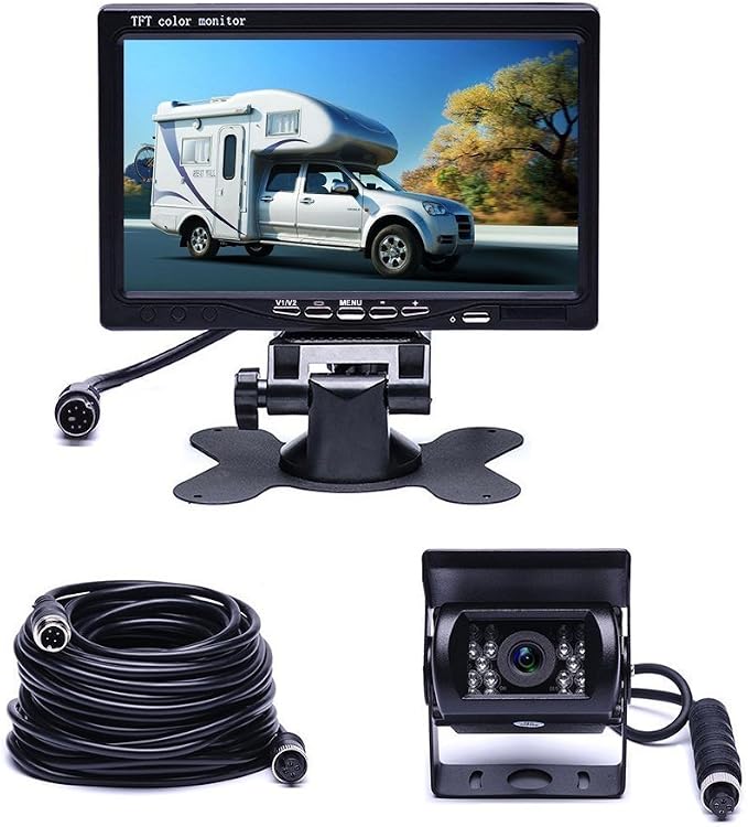 Camecho Vehicle Backup Camera 7" Monitor,18 IR Night Vision Rear View Camera Without Guide Line IP 68 Waterproof, 4 Pins Aviation Extension Cable for 33FT Length RVs, Bus, Trailer,Truck
