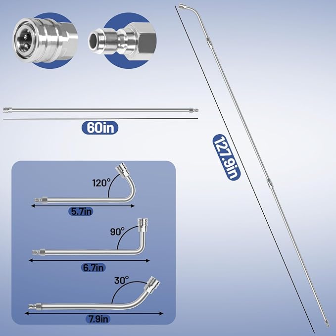 120" Pressure Washer Extension Wand,2 Pack 60 Inch Stainless Steel Power Washer Wand Extension-Pressure Washer Accessories with 30°/90°/120°Curved Rods,6 Nozzle Tips- 1/4" Quick Connect,4000 PSI