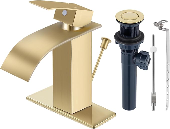 Brushed Gold Bathroom Faucet with Lift Rod Drain, Waterfall Bathroom Sink Faucet Modern Single Handle Bathroom Faucte 1 or 3 Hole, RV Mixer Tap Vanity Faucet Washbasin Faucet with Deck