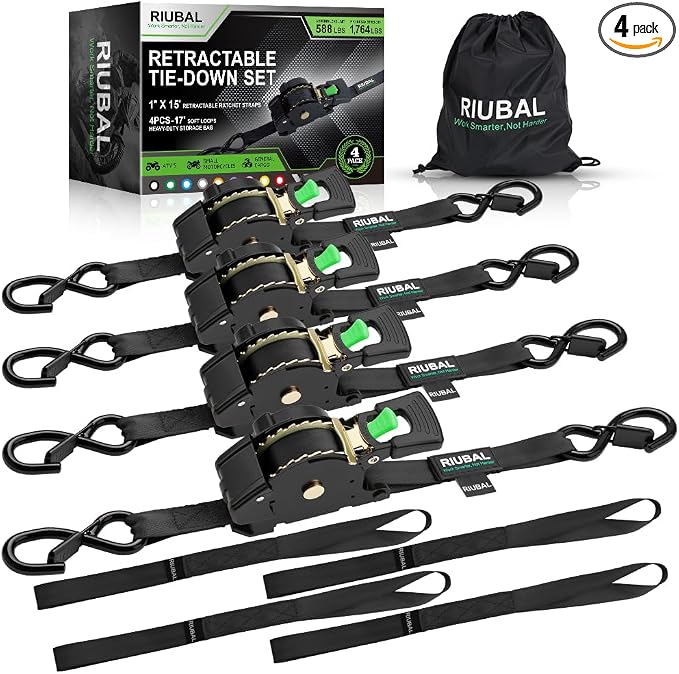 Retractable Ratchet Straps (4-Pack) - 1 Inch x 15 Feet (1,764lb Break Strength) - Auto Self Retracting Tie Down Straps Heavy Duty for Motorcycle, ATV, UTV, Truck, Cargo Trailer - Black