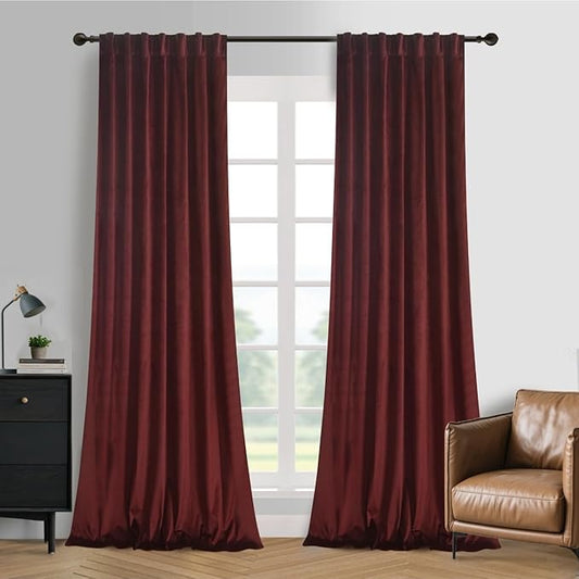 Roslynwood Luxury Soft Ruby Wine Velvet Curtains 96 inches Long Back Tab Thermal Insulated Blackout Window Drapes for Living Room/Bedroom/Dining Room, W52 x L96, 2 Panels