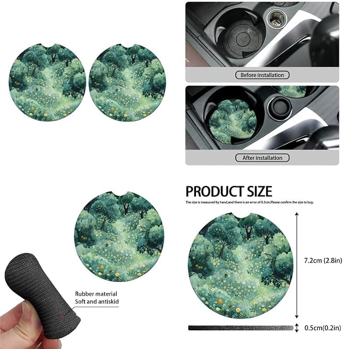 Forest Flower Hand Drawing 13 Pcs Seat Covers Full Set Tree Art Painting Front and Back Seat Covers Steering Wheel Cover Seatbelt Strap Cover Cup Mat Keychains