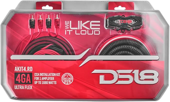 DS18 AKIT4.RD 4-GA Amplifier Installation Kit Up to 1680 Watts RMS, Mini-ANL Fuse Holder, Speaker & RCA Cables, CCA Amplifier Wiring Kit, Ultra Flex Wire, Amp Wire Kit, Amp Wiring Kit 4 Gauge - Red