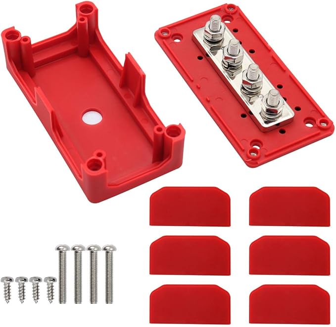 300A Bus Bar 12V Waterproof Marine Bus Bar Heavy Duty Module Design Power Distribution Block with 4 X M8(5/16") Terminal Studs 12V Terminal Block for Marine Car RV Truck Solar Systems (Red)