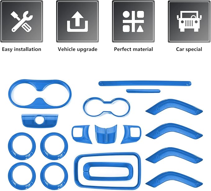 RAZPOY JK 18PCS Interior Trim Kit, Steering Wheel Trim & Gear Shift Cover Air Conditioning Vent Trim Compatible with 2011-2017 Jeep Wrangler JK 4-Door, Blue