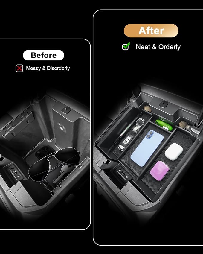 Center Console Organizer Set For 2019-2022 Chevy Silverado 1500/GMC Sierra 1500 & 2020-2023 Silverado/Sierra 2500HD/3500HD Accessories - 2 Pcs Storage Tray Only Fit Full Console w/Bucket Seats(Black)