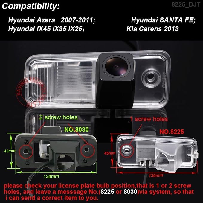 Super HD 1280x720 Pixel Car Backup Camera Night Vision License Plate Rear View Camera for Hyundai Santafe 2013/Hyundai Azera 2009(No.8225 with 1 Screw Hole)