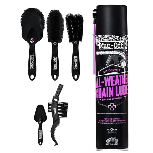 Muc-Off All-Weather Motorcycle Chain Lube 400ml + 5 Brush Set | Premium Synthetic Motorcycle Chain Lubricant | Ceramic Formula & Long-Lasting | Includes Bike Brush Kit