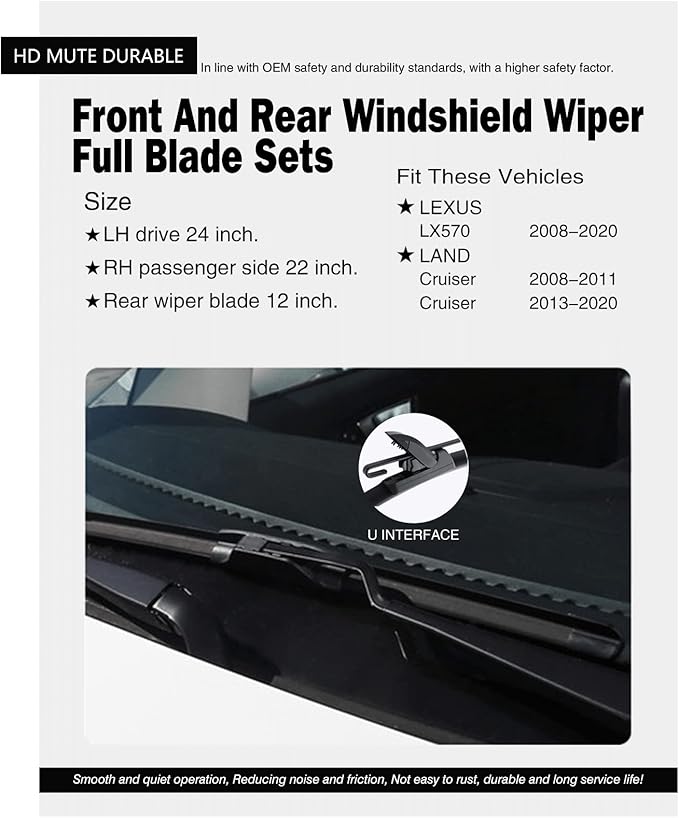 Replacement for Lexus LX570 2008-2020, Land Cruiser 2008-2011, Land Cruiser 2013-2020 Silent Wipers -FAPIUO Front and Rear Windshield Wipers 24"/22"+12" Full Blade Set (3 Pack)