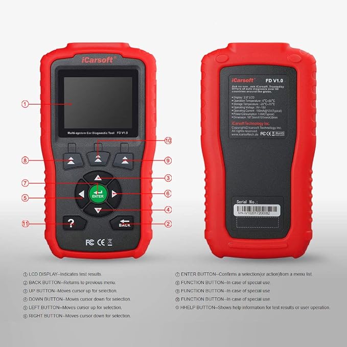Auto Diagnostic Scanner iCarsoft FD V1.0 for Ford/Holden, ABS, SRS, Oil Service Reset ect (Red)