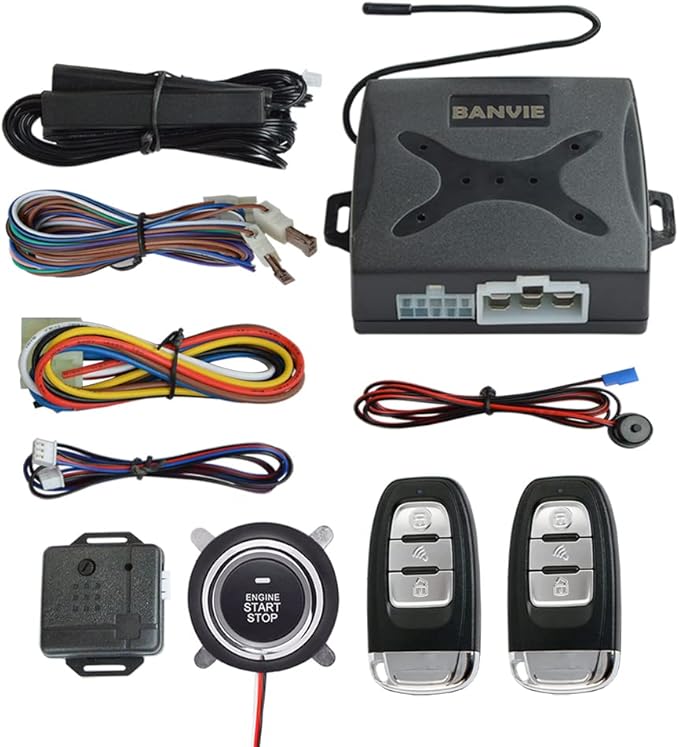 BANVIE ① Passive keyless Entry Car Alarm System + ② Remote Engine Starter + ③ Push to Start Iginition Button (Support to Connect Original Siren)