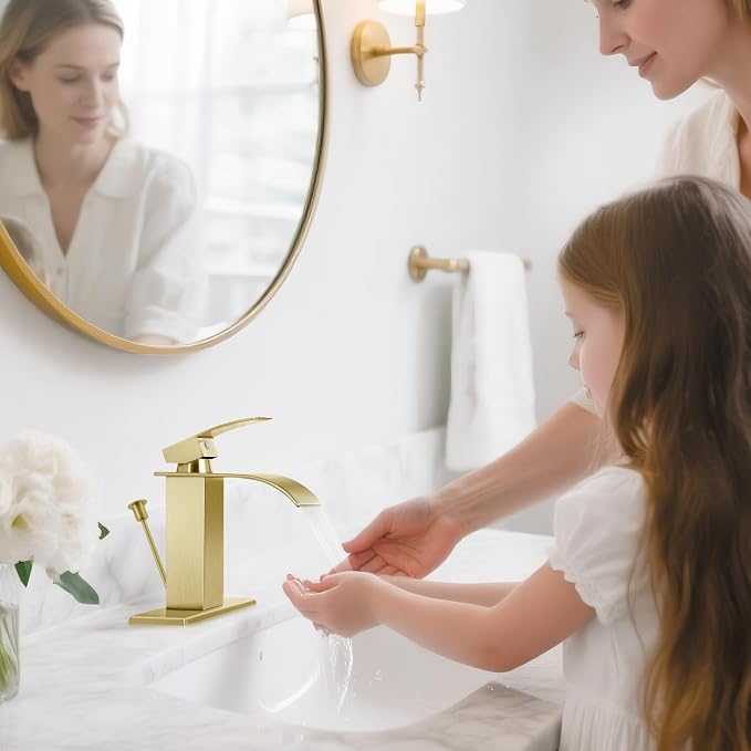 Brushed Gold Bathroom Faucet with Lift Rod Drain, Waterfall Bathroom Sink Faucet Modern Single Handle Bathroom Faucte 1 or 3 Hole, RV Mixer Tap Vanity Faucet Washbasin Faucet with Deck