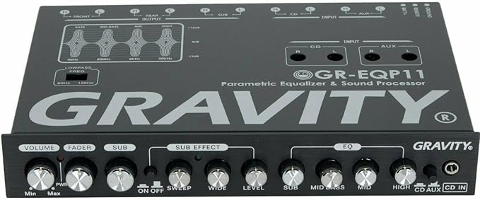 Gravity GR-EQP11 Digital Bass Machine 1/2 Din 9V 4-Way Car Parametric Equalizer w/Front, Rear + Sub Output and Night Illumination