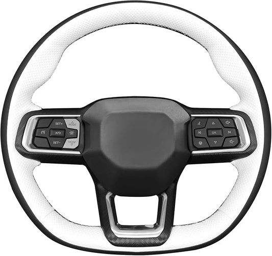 MEWANT Hand Stitch Black Smooth White Perforated Artificial Leather Steering Wheel Cover Wrap for Ford Mustang 2024